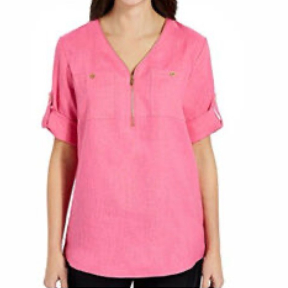 Ellen Tracy Ladies Roll Tab 100% Linen Pink Blouse Size L New